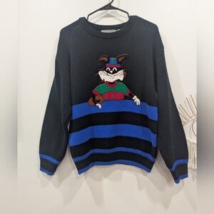 Vintage Yarn Works Cat With Football Embroidered Pull Over Sweater